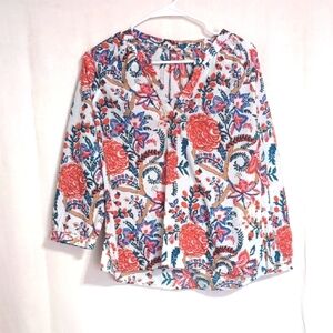 Soft Surroundings White Red Floral Cotton 3/4 Sleeve Boho Blouse Size Petite Med